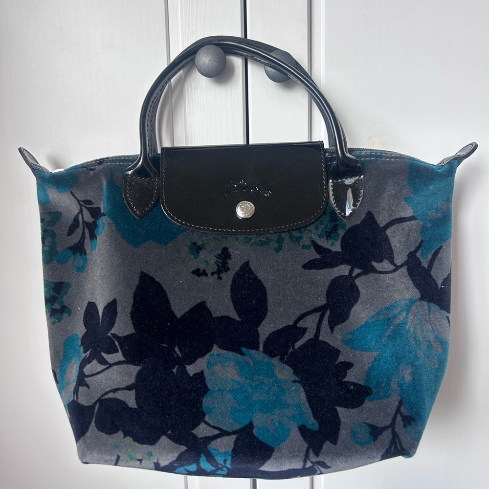 Longchamp tonal blue Floral Print Velvet Le Pliage Tote